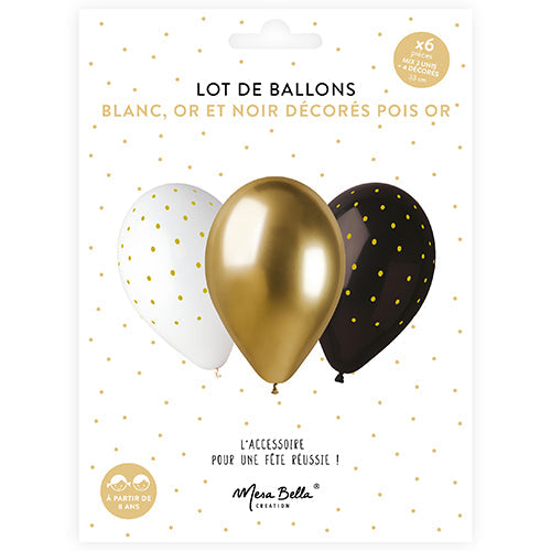 6 ballons 33cm noir pois or /blanc pois or/ or