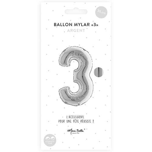 Ballon mylar 36 cm "3" argent
