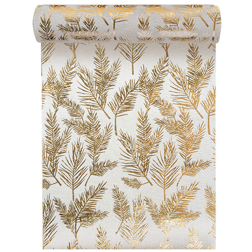 Chemin de table tissu 28x400cm plumes de pins or fond beige