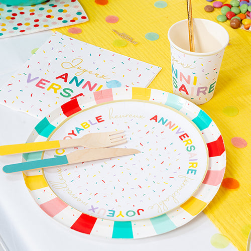 Menagere 18 couverts en bois rose/turquoise/jaune