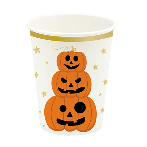 10 gobelets en carton 25cl totem citrouilles fond blanc liseré or