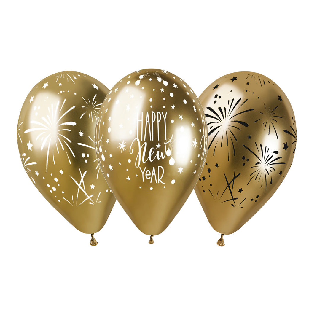 6 ballons 33cm or metallisé happy new year fireworks