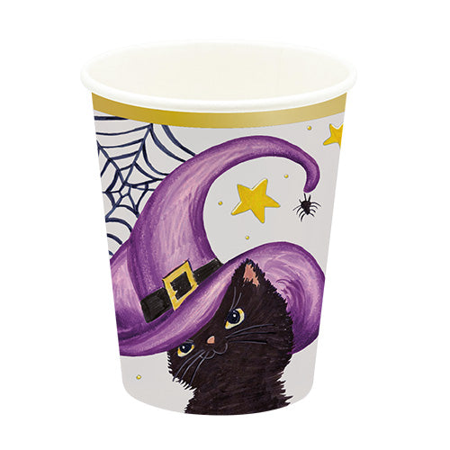 10 gobelets en carton 25 cl chat sorcier fond gris lisière or