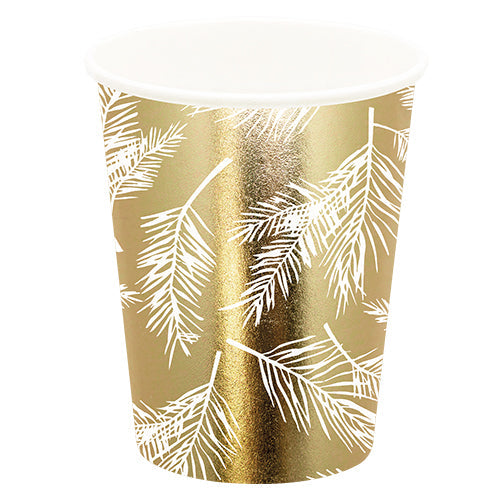 10 gobelets 25cl plumes de pin blanc fond or brillant