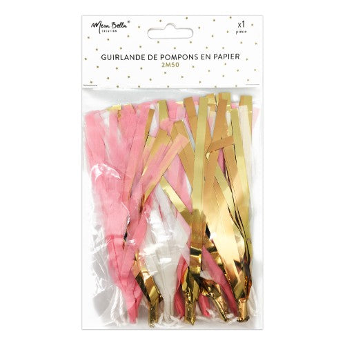 Guirlande de pompons 2m rose blanc or