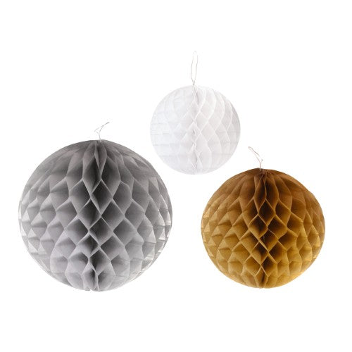 ASSORTMENT OF 3 PAPER BALLS 15/20/25CM GOLD/SILVER/WHITE 