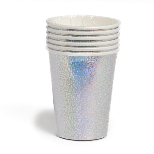 6 25CL HOLOGRAPHIC SILVER CARDBOARD CUPS 