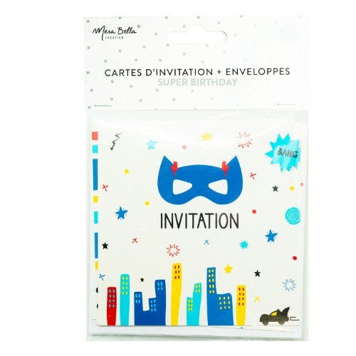 6 CARTES INVITATIONS + ENVELOPPES SUPER BIRTHDAY