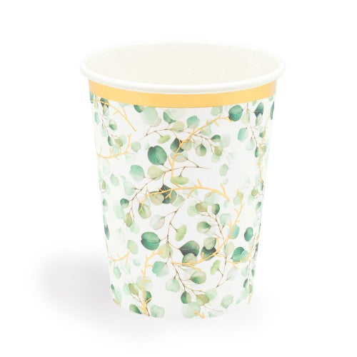 10 25 CL EUCALYPTUS CARDBOARD CUPS WITH GOLD EDGING 