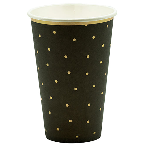 10 CARDBOARD CUPS 35CL BLACK HAPPY DAY GOLD 