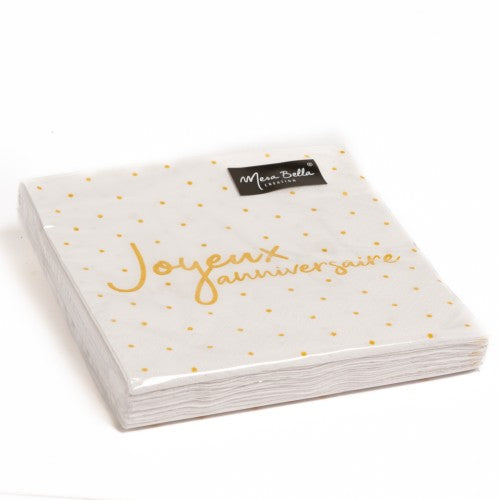 20 serviettes 33x33cm joyeux anniversaire blanc or