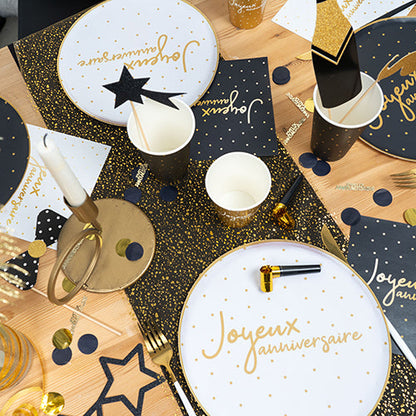 20 serviettes 33x33cm joyeux anniversaire blanc or