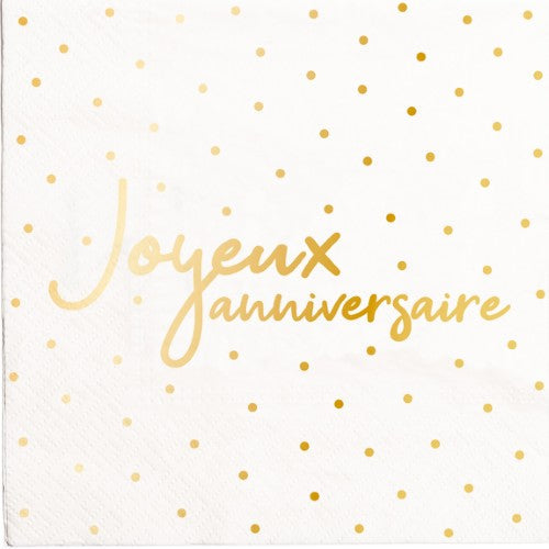 20 serviettes 33x33cm joyeux anniversaire blanc or