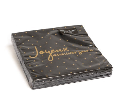 20 serviettes 33x33cm joyeux anniversaire noir or