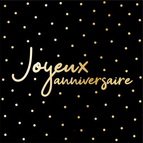 20 serviettes 33x33cm joyeux anniversaire noir or