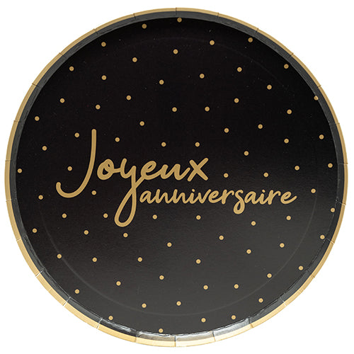 8 ASSIETTES GAMME AIR Ø23CM JOYEUX ANNIVERSAIRE NOIR/OR