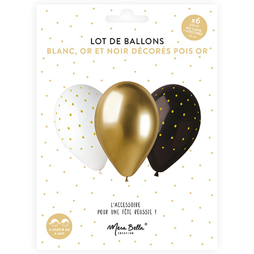 6 BALLONS 33CM NOIR POIS OR /BLANC POIS OR/ OR