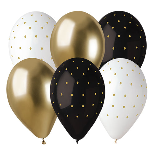 6 BALLOONS 33CM BLACK GOLD DOTS / WHITE GOLD DOTS / GOLD 