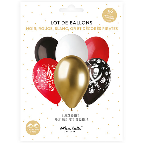 6 BALLONS ASSORTI NOIR/ROUGE/OR/BLANC DECOR PIRATE