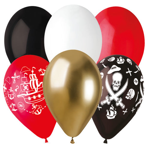 6 BALLONS ASSORTI NOIR/ROUGE/OR/BLANC DECOR PIRATE