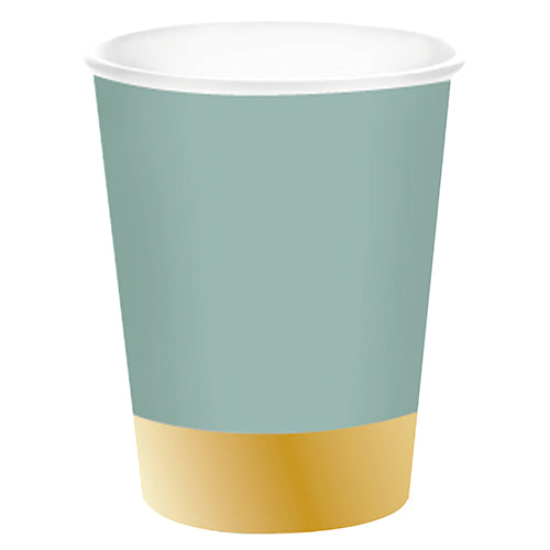 10 25CL LICHEN CARDBOARD CUPS WITH SHINY GOLD EDGING 