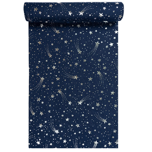 Chemin de table tissu 28x400cm bleu marine etoiles filantes argent brillant
