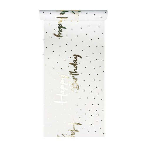 Chemin de table intisse 28x400cm blanc happy birthday or brillant