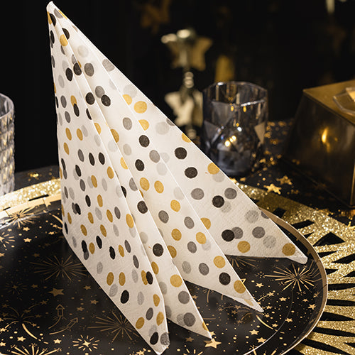 20 serviettes  33x33cm dots confettis or/noir/argent fond blanc