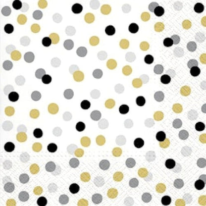 20 serviettes  33x33cm dots confettis or/noir/argent fond blanc