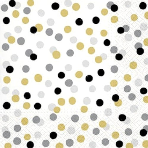 20 SERVIETTES  33X33CM DOTS CONFETTIS OR/NOIR/ARGENT FOND BLANC