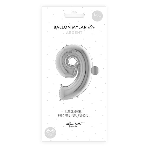 BALLON MYLAR 36 CM "9" ARGENT