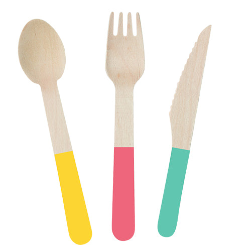 18-PIECE WOODEN CUTLERY SET PINK/TURQUOISE/YELLOW 