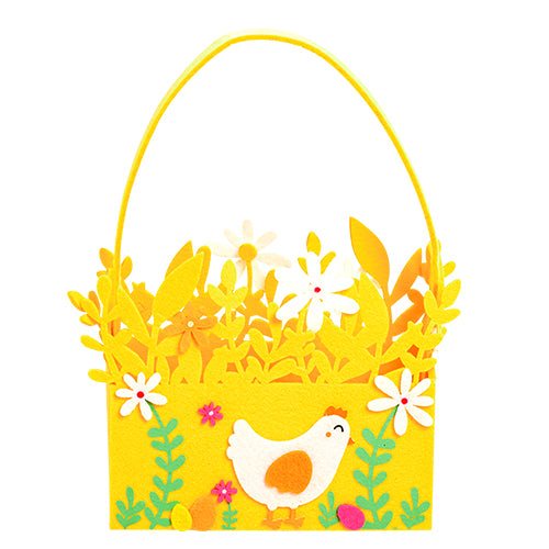 PANIER EN FEUTRINE POULE ET FLEURS FOND JAUNE 18X8,5X15,5CM