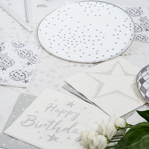 20 serviettes 33x33 cm happy birthday argent