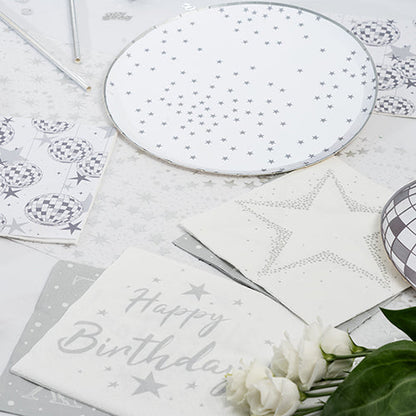 20 serviettes 33x33 cm happy birthday argent