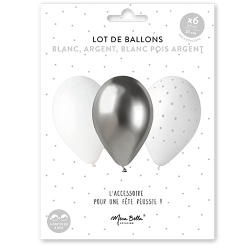 6 SILVER / WHITE / WHITE LATEX BALLOONS SILVER DOTS 