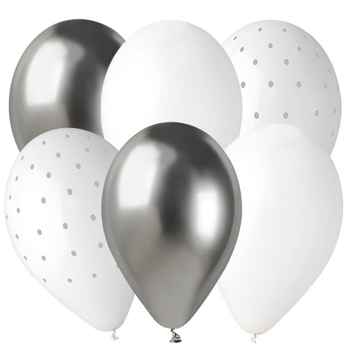 6 Latexballons Silber/Weiß/Weiß/Silber Punkte 