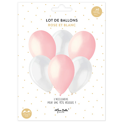 6 BALLONS LATEX 33CM ROSE ET BLANC