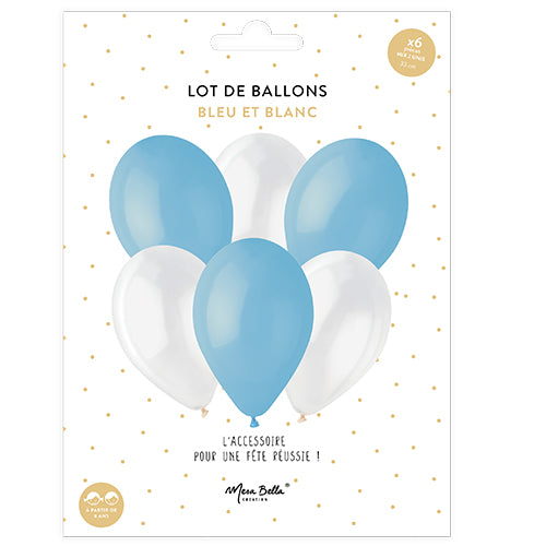 6 LATEX BALLOONS 33CM BLUE AND WHITE 