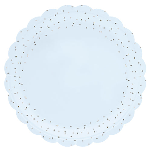 8 FLOWER SHAPED PLATES Ø18CM BABY BLUE SILVER DOTS 