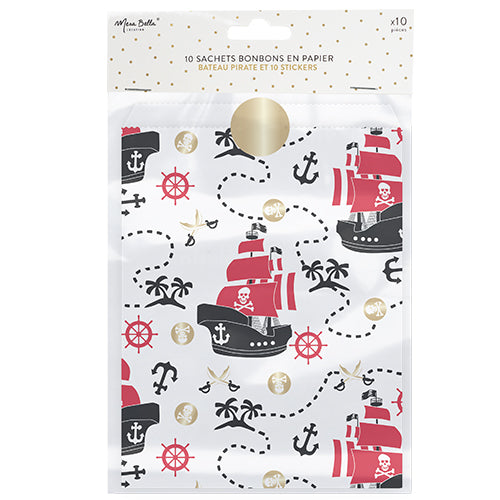 6 PAPER CANDY BAGS + GOLD PIRATE SHIP STICKERS 