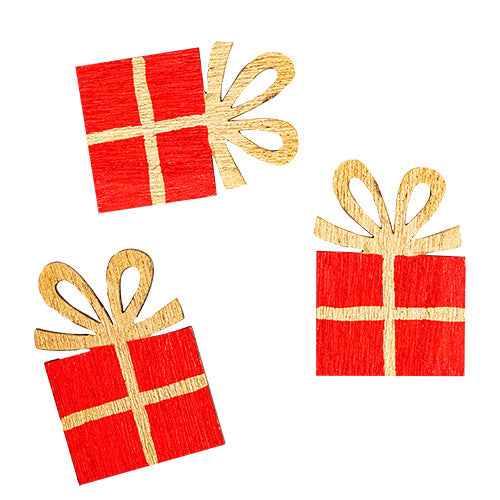 Decos 6 confettis en bois forme cadeaux rouge nœud