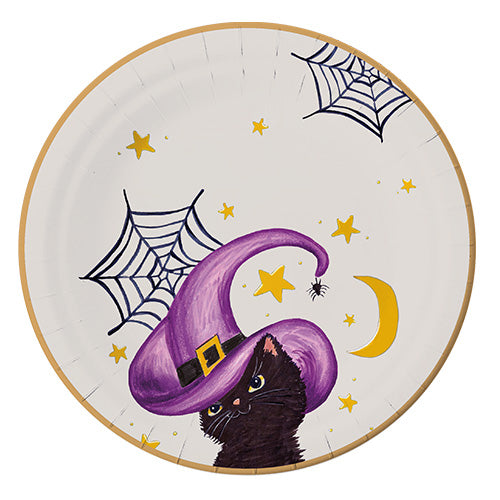 8 assiettes en carton 23cm chat sorcier fond gris