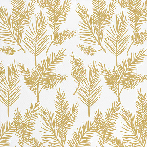 16 serviettes celeste 40x40cm plumes de pin or fond blanc